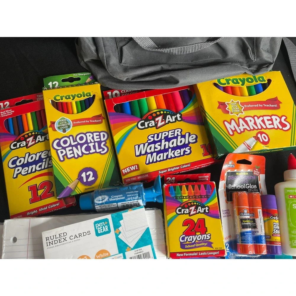 School Supply Bundle Grey Backpack Crayola Markers Pencils Paper Glue 40+ Pieces